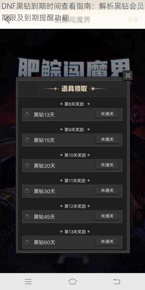 DNF黑钻到期时间查看指南：解析黑钻会员期限及到期提醒功能